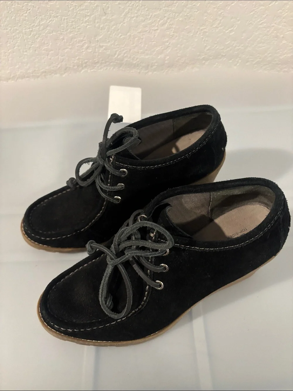 Sperry Black Stella Keel wedge booties SZ 8.5M suede uppers & tan wedge heel